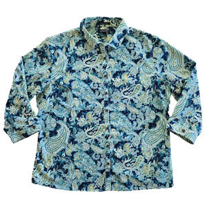 Lands End Shirt Women 14 Teal Blue Paisley No Iron Supima Casual Preppy Colorful